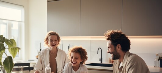 caucasian family with kids in the minimal kitchen in the morning, smiling and looking happy