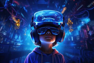 kid in virtual reality goggles flying in augmented reality background illustration. Boy in VR glasses in meta verse in blue neon color