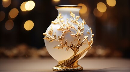 a white and gold vase with gold leaves
