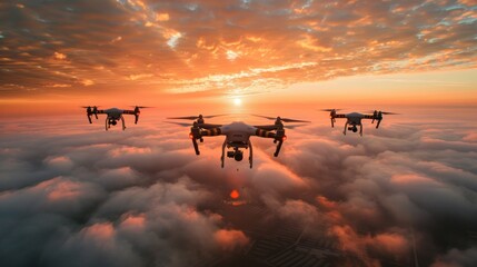 Fleet of Drones Flying at Sunset Above Cloudscape