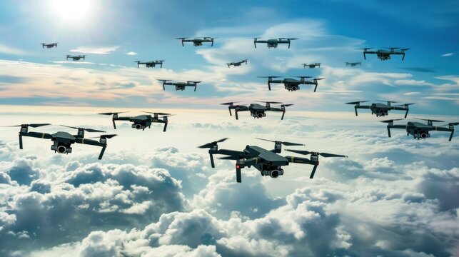 Fleet of Drones Flying at Sunset Above Cloudscape