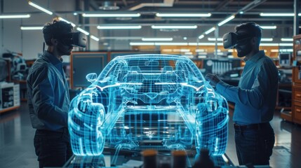 Two Men Using VR Technology for Car Design in a Bright Office