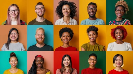 Collage de 15 personnes de diverses origine ethnique exprimant des émotions positives sur fond coloré - obrazy, fototapety, plakaty