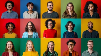 Collage de 15 personnes de diverses origine ethnique exprimant des émotions positives sur fond coloré