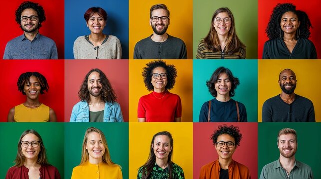 Collage de 15 personnes de diverses origine ethnique exprimant des &eacute;motions positives sur fond color&eacute;