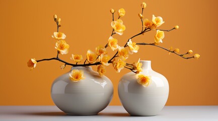 two white vases with yellow flowers