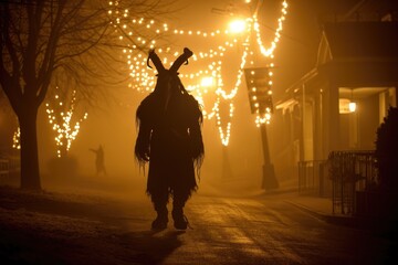 A person donning an ominous horned krampus mask meanders through a mist-enveloped park under the soft glow of overhead string lights, creating an eerie nocturnal scene.