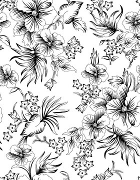 Seamless floral pattern with decorative rustic meadow. Romantic ditsy print, botanical background with small hand drawn plants, white flowers, leaves on a surface. Vector illustration.