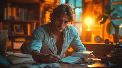 Charismatic Man Writes in A Stylish Setting