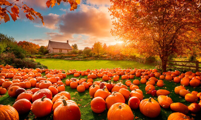 thanksgiving day background with pumpkins. Selective focus. - obrazy, fototapety, plakaty