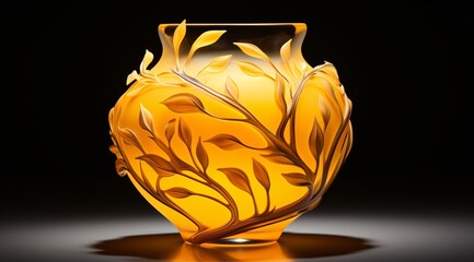 a glass vase with leaves on it