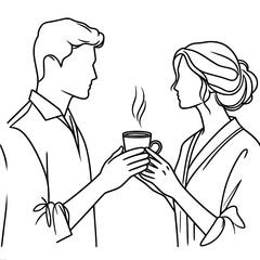 Single line vector drawing. Couple, man and woman drinking a hot drink from the same mug