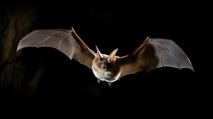 Flying bat isolated on black background.