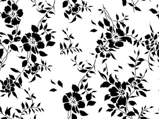 Seamless floral pattern with decorative rustic meadow. Romantic ditsy print, botanical background with small hand drawn plants, white flowers, leaves on a surface