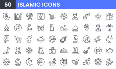 Islamic and Ramadan Kareem vector line icon set. Contain linear outline icons like Islam, Eid Mubarak, Mosque, Muslim, Ramadhan, Mecca, Lantern, Camel, Quran, Pray, Hajj, Moon. Editable use and stroke