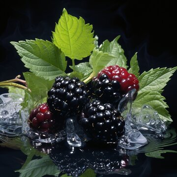 a group of blackberries and leaves