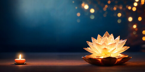 Illuminated flower-shaped lamp and a candle with copy space background for Vesak Day content.
