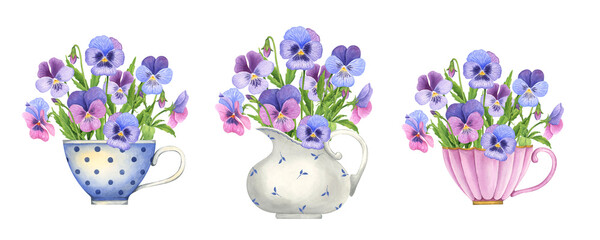 Watercolor pansies. Set of vintage bouquets for scrapbooking. Hand-drawn flowers composition on a white background. Flower illustration