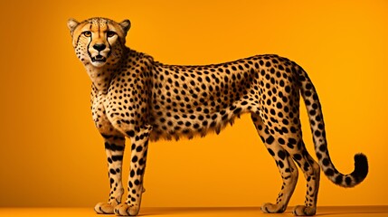 a cheetah standing on a yellow background