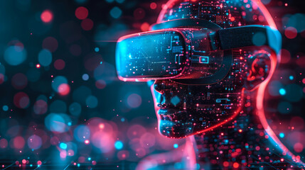 Fototapeta na wymiar Virtual reality technology concept, Phygital illuminated on headset worn by a digital human model against a bokeh light background