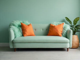 Close-up of a mint green linen sofa with mint green and orange pillows, mint green blank wall background. Interior design, minimalist living room