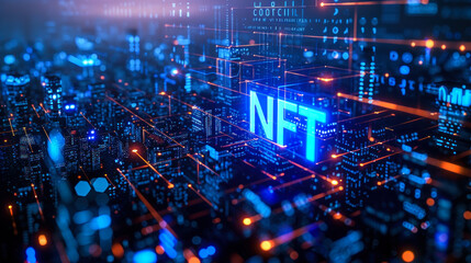 Vibrant blue neon NFT sign glowing on a futuristic cybernetic digital landscape, representing the cutting-edge blockchain technology and digital asset trend - obrazy, fototapety, plakaty