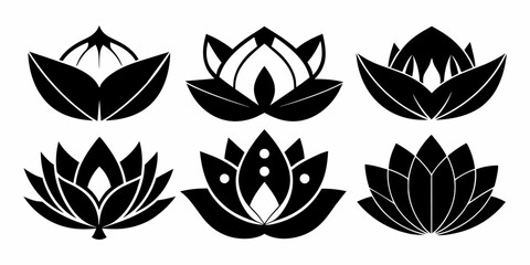 6 silhouette black lotus icons set on white background