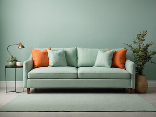 Close-up of a mint green linen sofa with mint green and orange pillows, mint green blank wall background. Interior design, minimalist living room