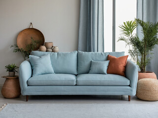 Close up of light blue linen fabric sofa with light blue and terra cotta pillows. home interior design of minimal living room.