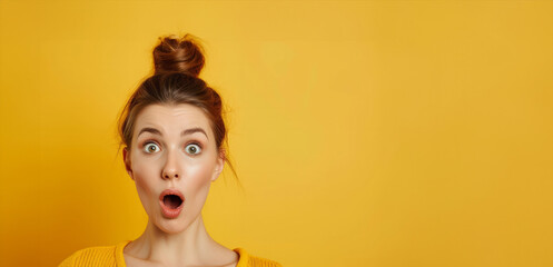 Shocked beautiful girl with open mouth and big eyes. A cute girl looks at the camera in surprise. The girl is dressed in yellow clothes on a yellow background. Place for advertising.