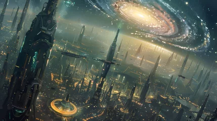Foto op Canvas A futuristic cityscape with towering skyscrapers, illuminated by the glow of a spiral galaxy overhead, reflecting off the surfaces of sleek, flying vehicles. © Love Mohammad