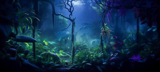 Fototapeta na wymiar Mysterious path through illuminated jungle under moonlight