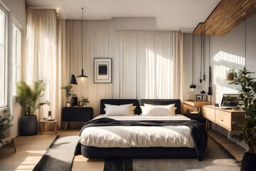 Fototapeta na wymiar black and cream cozy bedroom in hotel