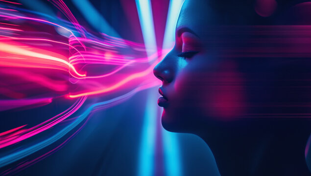 Woman face with neon lights and waves. Stunning portrait of fashionable beauty, illuminated by vibrant colors and trendy design in nightclub ambiance