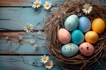 Happy Easter Eggs Basket Color spectrum. Bunny in egg painting flower Garden. Cute 3d Sunflower easter rabbit illustration. Easter eggcellent adventure card wallpaper Yule