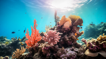 Vibrant coral reef ecosystem teeming with marine life
