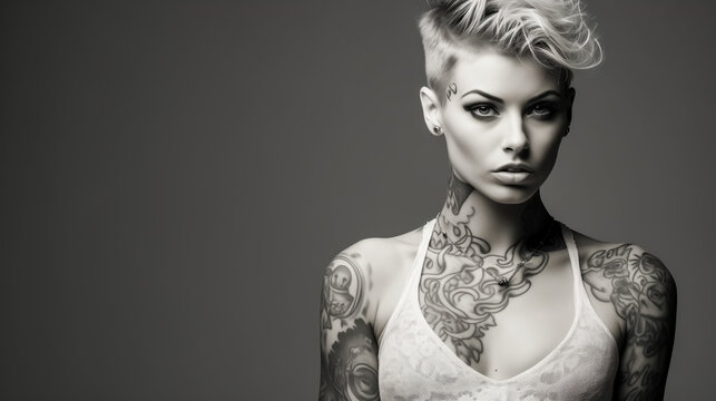 Edgy young woman with stylish undercut and full body tattoos