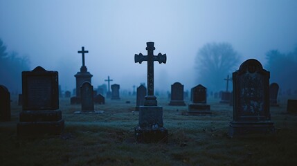 A misty graveyard at dusk provides a gentle farewell, with headstone silhouettes whispering stories of lives lived, amidst a backdrop that blurs the line between day's end and the eternal.
