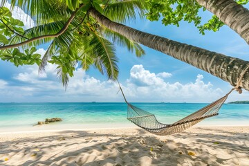 A serene tropical beach scene with a palm tree hammock and clear blue ocean. Concept Serene Beach Escape, Tropical Paradise, Hammock Haven, Azure Waters, Palm Tree Serenity