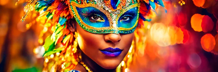 Papier Peint photo Lavable Carnaval portrait of a woman in a mask at the Brazilian carnival. Selective focus.