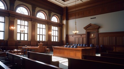 Empty courtroom or courtroom. Beautiful blurred background of an empty courtroom. - obrazy, fototapety, plakaty