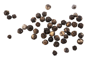 Black pepper seeds, pile of aromatic peppercorn spice, dried cooking spicy ingredients, graphic element isolated on a transparent background - obrazy, fototapety, plakaty
