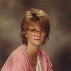 80s-style yearbook photo of a young woman wearing glasses - 737929091