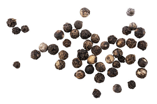 Black pepper seeds, pile of aromatic peppercorn spice, dried cooking spicy ingredients, graphic element isolated on a transparent background