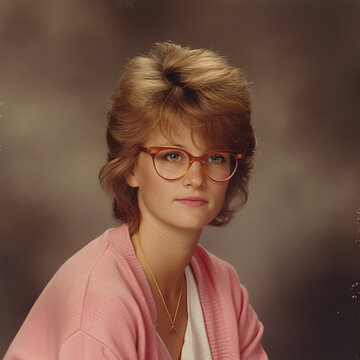 80s-style yearbook photo of a young woman wearing glasses