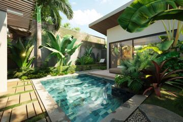 Small modern design home with backyard pool, many tropical plants
