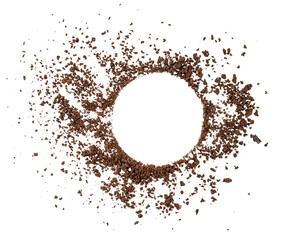 Instant coffee powder pile in circle shape, dry coffee grains, graphic element isolated on a transparent background