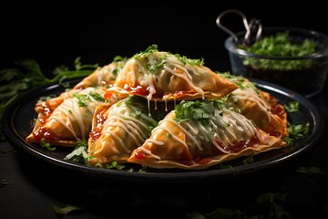 a plate of food on a black surface