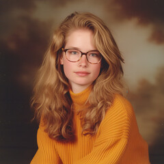 90s-style yearbook photo of a young woman wearing glasses