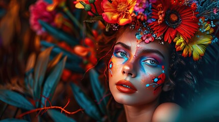 An artistic portrait of a woman adorned with vibrant flowers, merging human beauty with nature's splendor, perfect for beauty campaigns or artistic editorial content.
